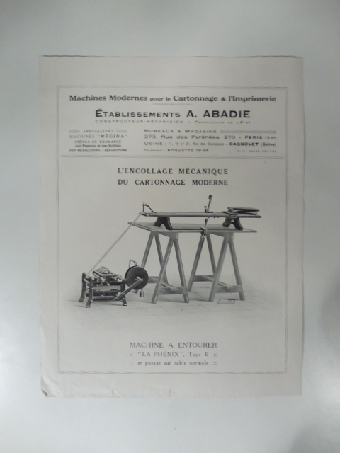 Machines modernes pour le Cartonnage & l'Imprimerie. Etablissements A. Abadie. Foglio pubblicitario
